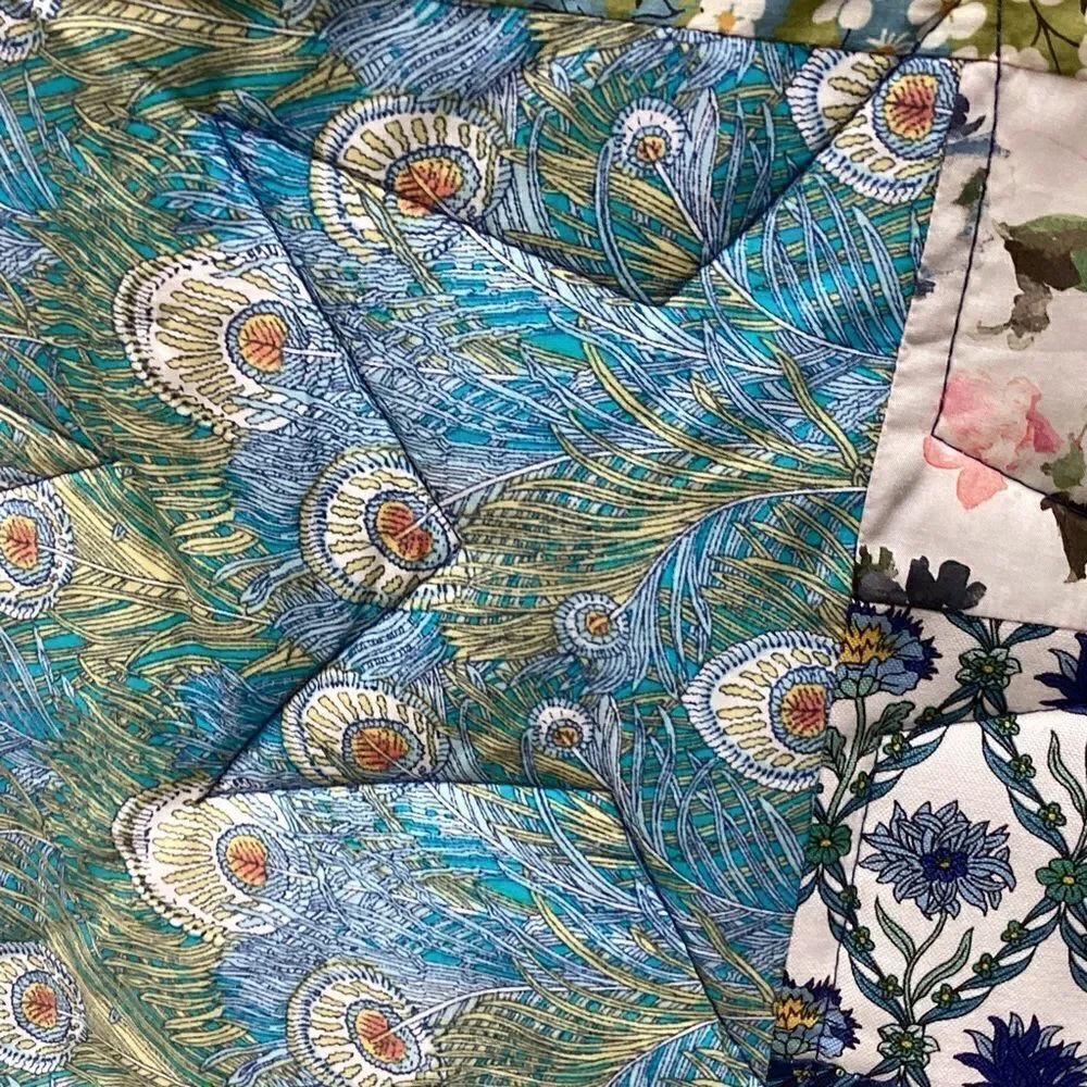 NWT. Hand Crafted Blues and Green Liberty Lawn Fabrics Garden Quilt with Stars